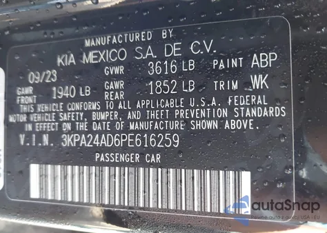 2023 Kia Rio Lx из США, поврежденный, VIN 3KPA24AD6PE616259